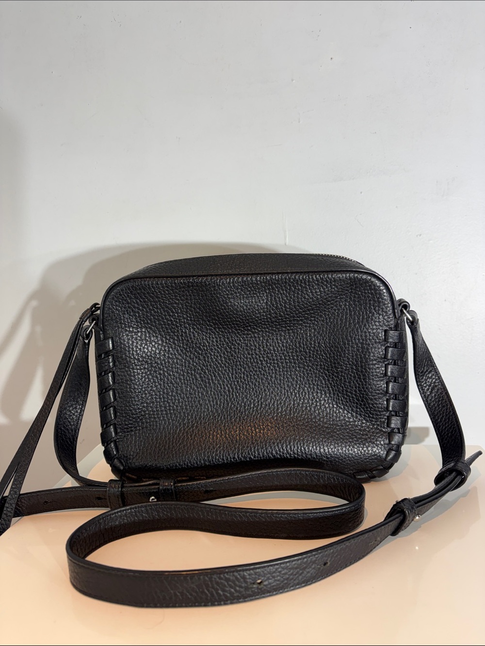 AllSaints Pebbled Leather Crossbody Bag Black Woven Detail